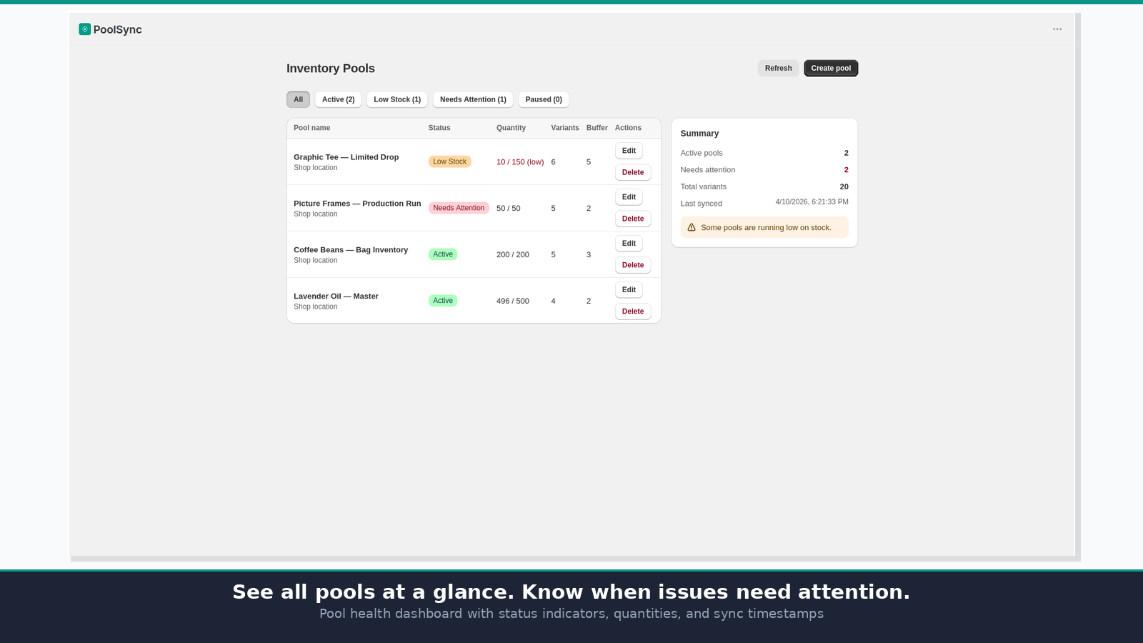 PoolSync pool health dashboard